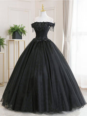 Black tulle lace long black tulle lace prom dresses